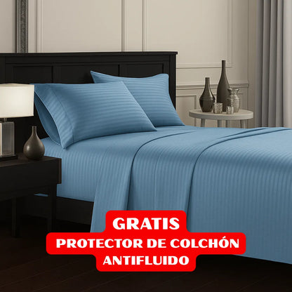 JUEGO DE SÁBANAS 4 PIEZAS + PROTECTOR DE COLCHÓN ANTIFLUIDO
