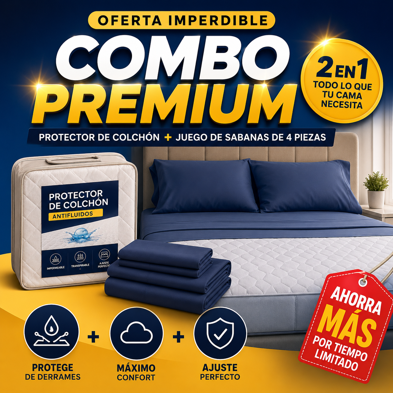 Oferta Protector de Colchón + Sábanas de 4 Piezas